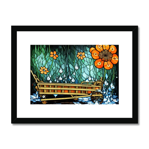 An art print, surrounded by several little rowboats on a dock.
