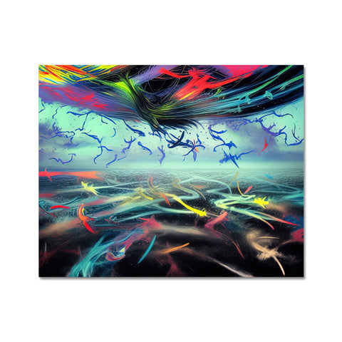 A bird flies across the top of an art print displayed on a colorful canvas.