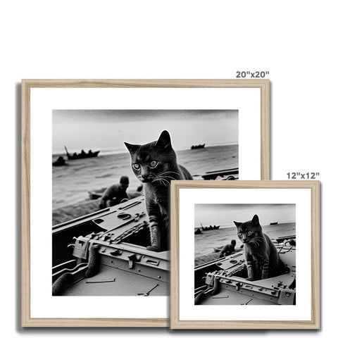 A cat is sitting on top of wooden framed photo of a boat with two people in