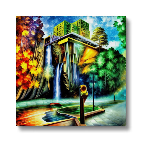 An art print hanging over a waterfall on a roof over a small forest.