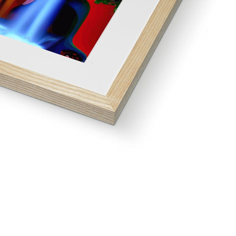 An abstract photograph is displayed on a wood framed picture frame.