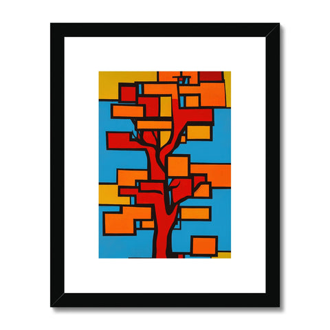 A wooden print of a tree with colorful squares hanging on a wall.