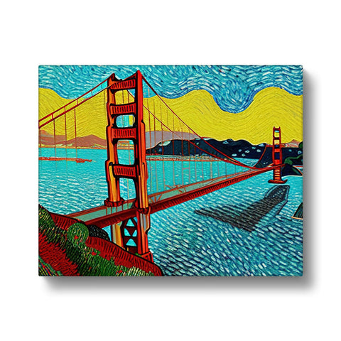 A bridge with an art print on it that has a beautiful view of San Francisco.