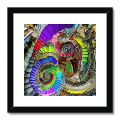 An art print sitting on top of a white wall is a colorful spiral stairway