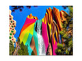 A photo of a colorful art print next to a waterfall with colors with trees.