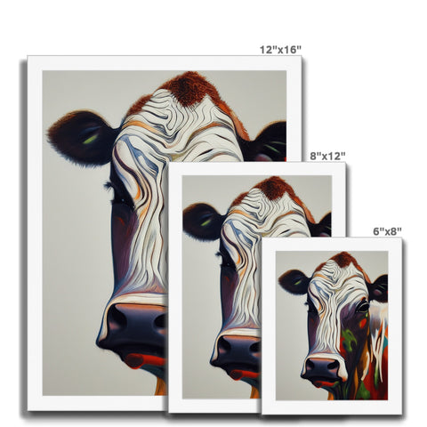 A large cow standing in between two grassy fields in this colorful art print.