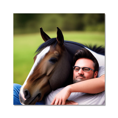 Two men in a picture that a woman is leaning in face with horses.