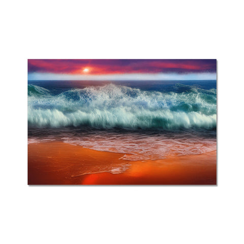 A beach and ocean waves are shown on an art print.