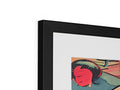 An art print hanging in a white box with red frames