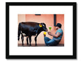 Art print of a cow eating milk from a bowl.