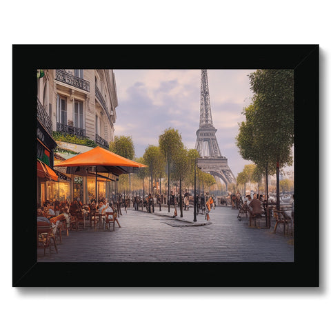 A picture print of an image of Paris in an oak frame in a black leather drawer