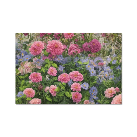 A blue and pink place mat laying in a plant area with flowers.