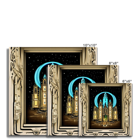 Three mirrors with a small print and decorative frame on top of them.