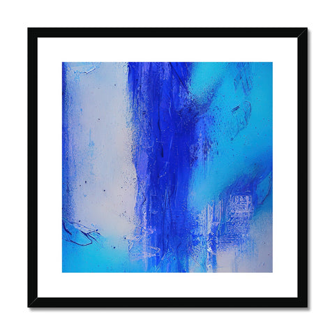 An abstract painting hanging on a wall with water and bright blue and blue colors