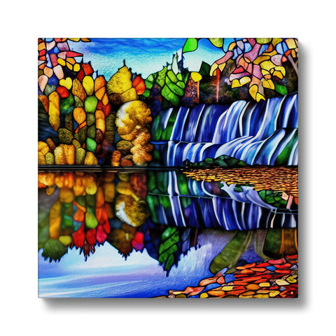 A fall colored color stained glass painting of a waterfall on a large picture wall in a