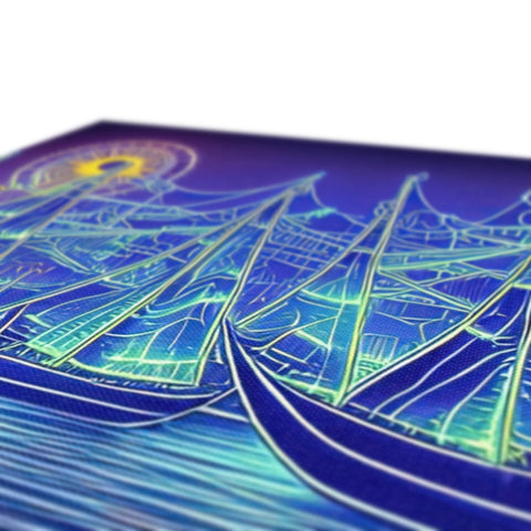A place mat near a wooden boat with some blue sailboats.