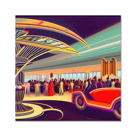 A crowded ball room with artwork next to dining room table next to an ocean liner.