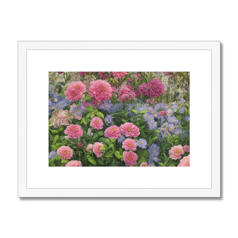 An art print hanging on a wall with pink flowers in a flower bed.