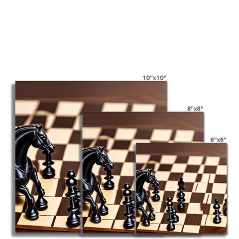 Four horses are fighting on a chess board that is covered in black cards.