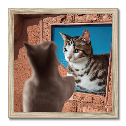 A framed picture of a cat is seen sitting on a mirror on a living room wall