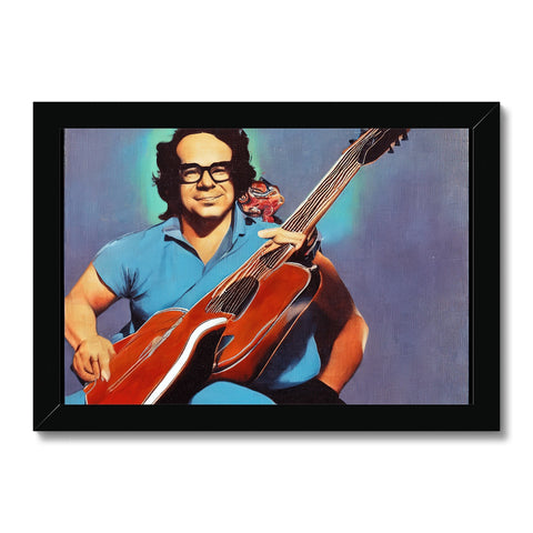 An art print with blue and white photos of a man and woman next to a guitar
