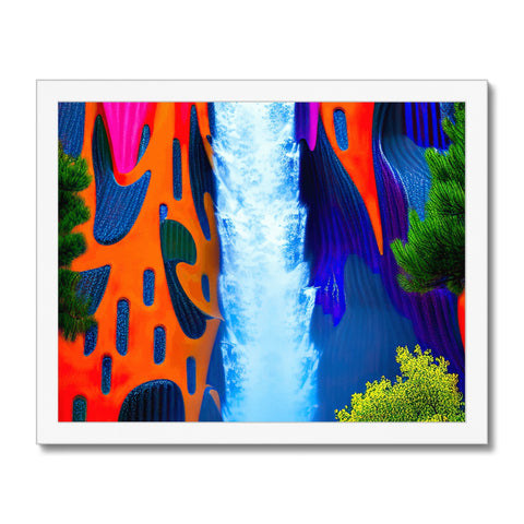 An artwork print of a waterfall surrounded by colorful trees on top of a desk.
