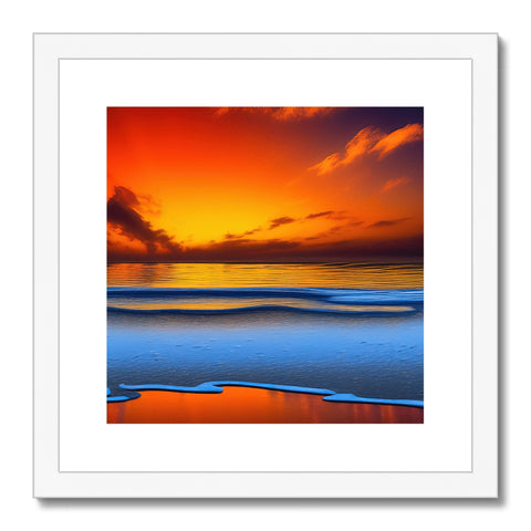 A framed picture of a sunset on a white background on a beach.