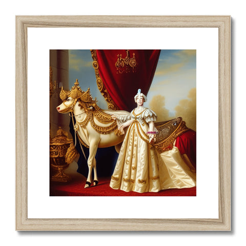 A gold framed photo of a queen with white horse and a ring.