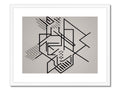 An art print with an abstract design and geometric shapes on a white wooden frame.