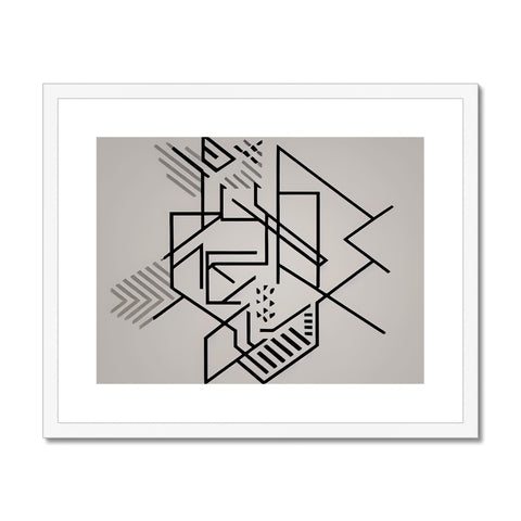 An art print with an abstract design and geometric shapes on a white wooden frame.