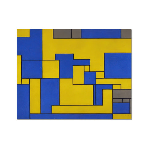 A blue square tile sitting on top of a white and yellow table in a room looking