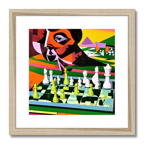 Art prints on board game table with colors, black and white photo of a chess opponent