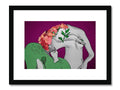 A couple of female figures are kissing in a art print.