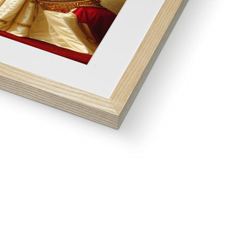 A picture frame showing an image on a wood frame with gold trim.