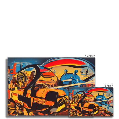 A graffiti print with a picture of two boats and cars on a metal pole