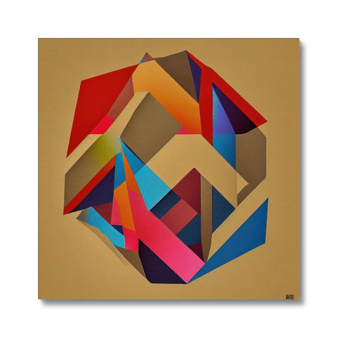 A large, colorful geometric print on brown paper displayed with one piece of ink in white