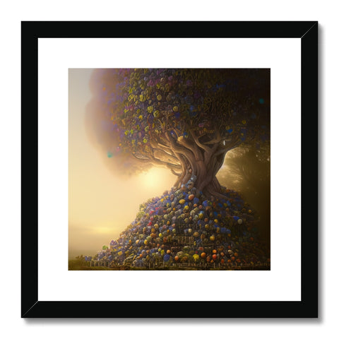 Art print hanging on a tree next to two cornucopia plants and an apple trees