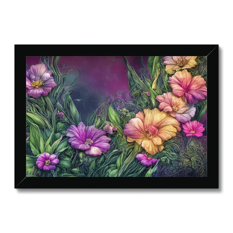 A beautiful  floral art print with purple flowers on display in a dark background.