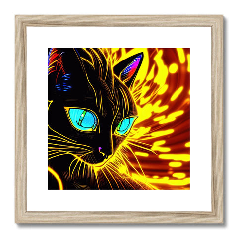 The cat faces up to it in an art print on a brown frame.