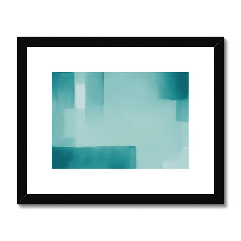 A white framed artwork prints a teal colored background on a white wall.