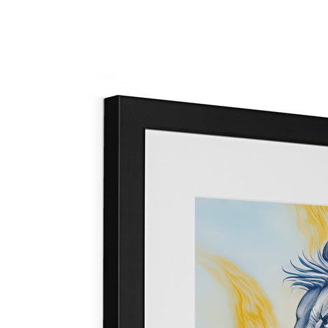 A picture of a blue wall showing a black and gold painting inside a picture frame.