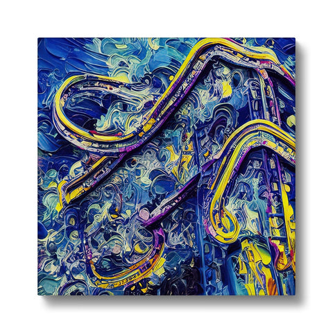 An abstract painting showing winding road that is going through water.
