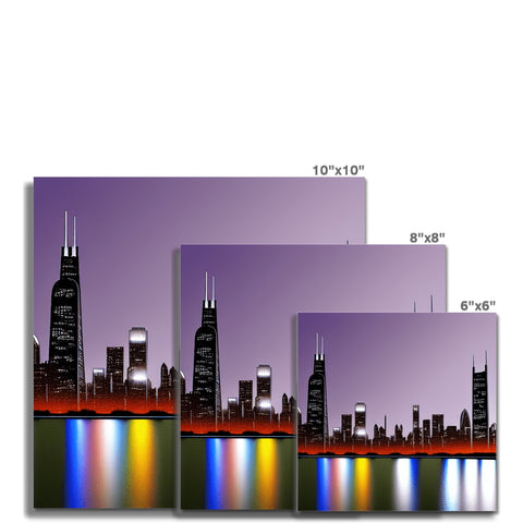 A view of a city skyline, with many big lights in different colors.