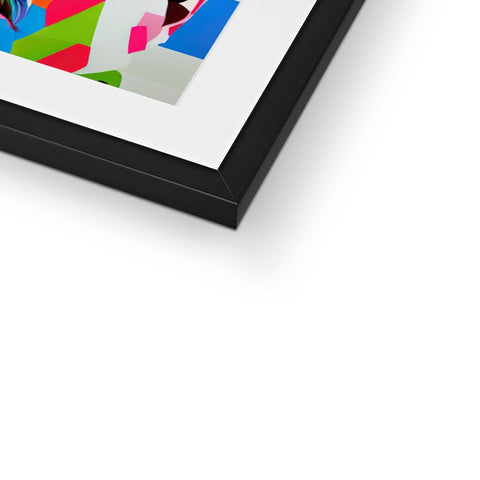 A photo on a white frame of an artwork that is on top of some frames.