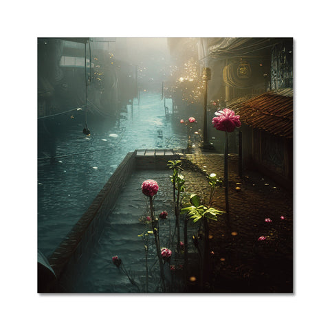Art print of large trees and water with flowers.Photo of flowers above a wet river