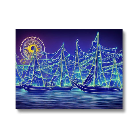 A group of sailboats with some lights on them sitting on the water.