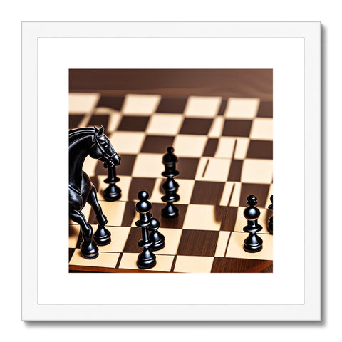 There is a picture of a horse next to a chess board.