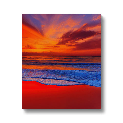 An art print on a beach with a sunset sun setting over a white background.