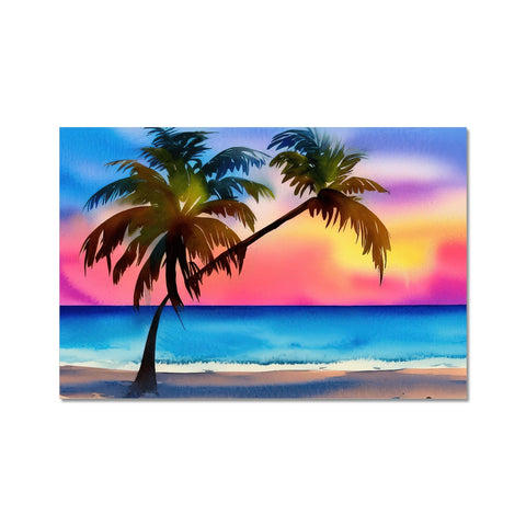 The large canvas art print of a beautiful picture of a tropical beach with a colorful sun