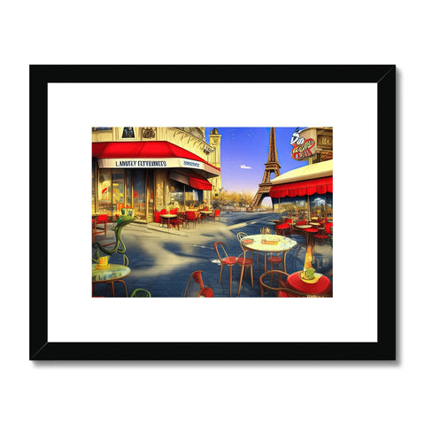 Art prints are on a table in a cafe front of a brick exterior.